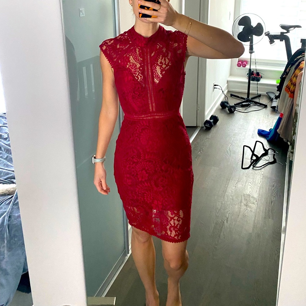 Red Lace Main Strip Dress, Size Small